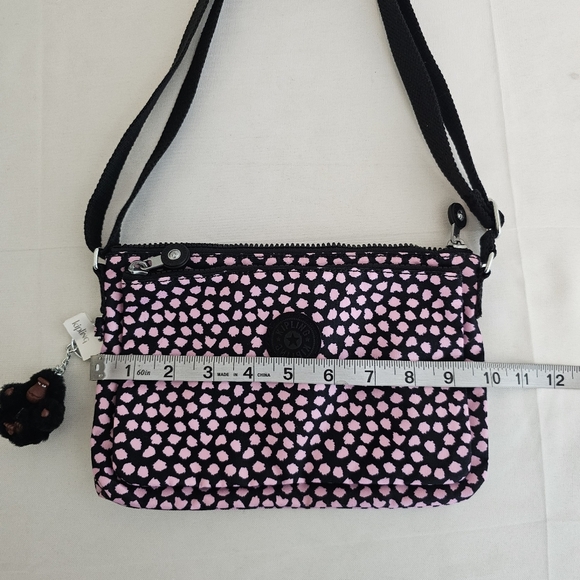 NWT Kipling Mikaela Nylon Crossbody Bag Pink & Black Dot Print w/ Monkey - Picture 5 of 14